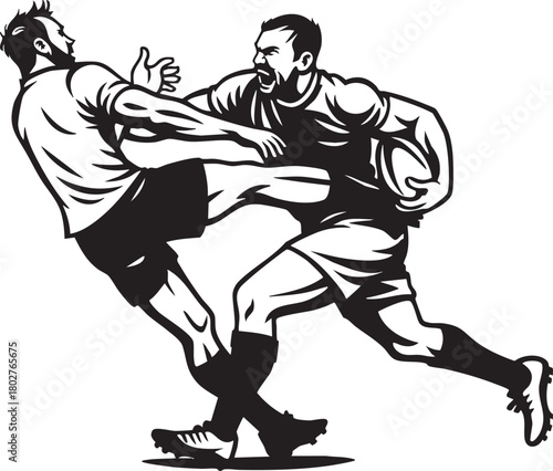 Dynamic black and white illustration of two aggressive rugby players in action during a game.