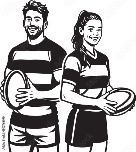 Black and white illustration of two rugby players holding rugby balls.