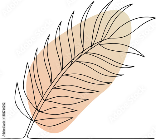 Single line drawing of a palm frond with abstract background