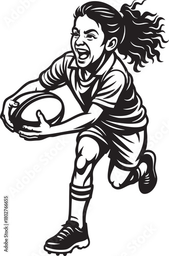Black and white illustration of an excited young girl running with a rugby ball during a game.