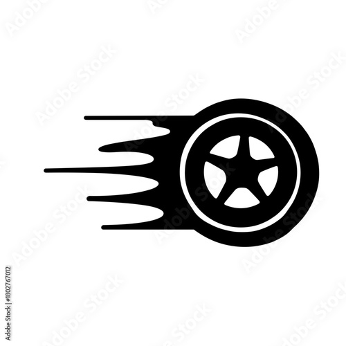 Silhouette of spinning wheel with motion trails on white background, speed and acceleration concept in automotive industry