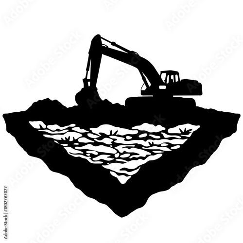 Silhouette of excavator on geotechnical engineering ground layers, construction and earthworks concept