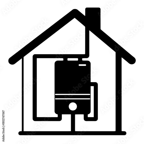 House outline with boiler and water, central heating and water distribution system