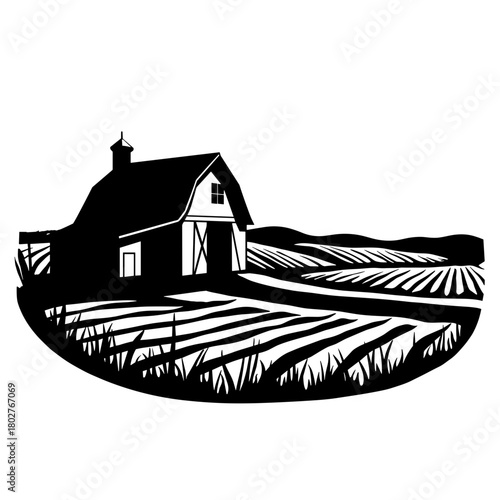Silhouette of a Farmhouse with Barn and Fields, Agricultural Landscape and Rural Real Estate