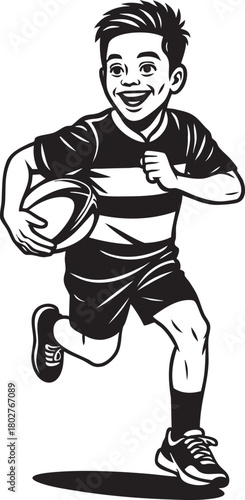 Happy young boy running with a rugby ball in a black and white illustration, depicting a cheerful child engaged in sports.