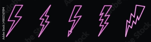 Five vibrant purple neon lightning bolt shapes glowing brightly against a stark black background