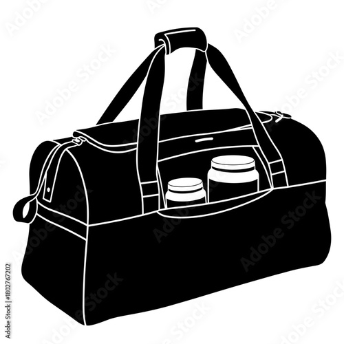 Silhouette of sport duffel bag with vegan supplements, gym essentials and athlete nutrition preparation