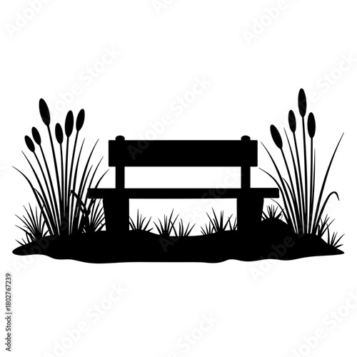 Silhouette of sculptural bench with surrounding grass, outdoor seating and natural landscaping