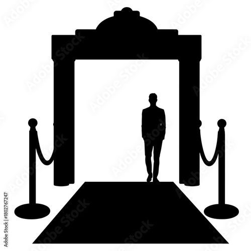 Silhouette of club entrance with velvet rope and host, VIP access and social nightlife entry concept