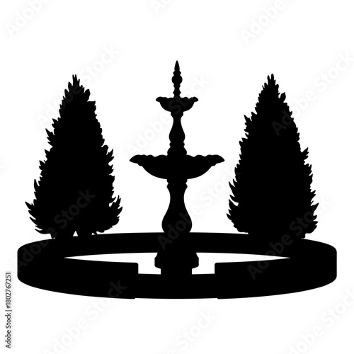 Silhouette of garden fountain with surrounding hedges, landscaping feature and outdoor decoration in black and white