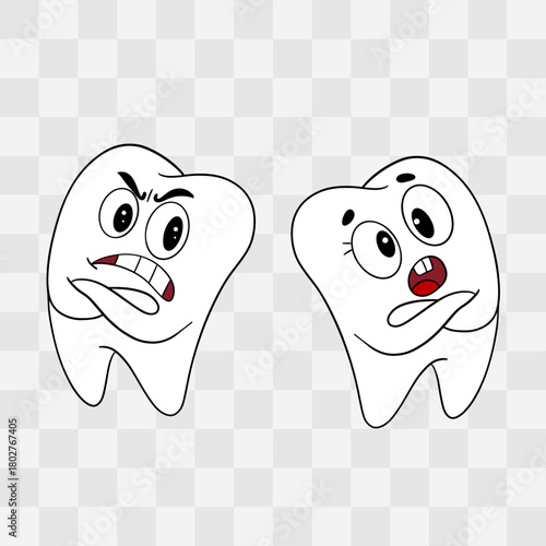 Hand-drawn children’s illustration of angry and scared tooth. Playful and expressive character design dental education, kids’ posters, oral hygiene materials, pediatric dentistry clinic