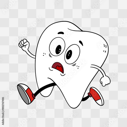 Hand-drawn cute children’s illustration of scared tooth running away. Fun and playful character design perfect for dental education, kids’ posters, oral hygiene materials, pediatric dentistry clinic