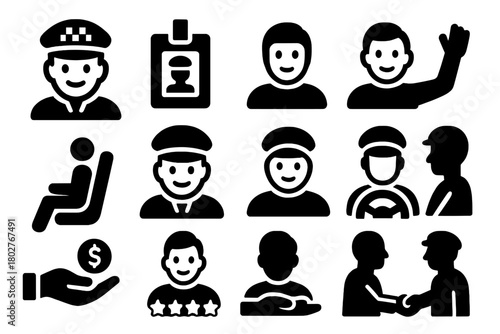 Taxi Ride Icons. Solid style icons of passenger and driver roles: taxi driver icon, driver ID badge, passenger icon, rider profile
