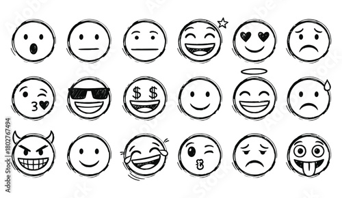 Collection of hand drawn doodle style emoticons expressing a wide range of emotions and feelings