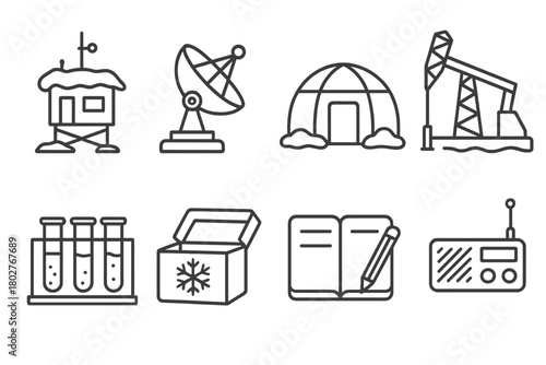 Arctic Research Icons. Line style icons of Arctic research: weather station, satellite dish, research tent, drilling rig, test