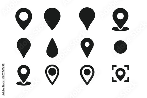 Location Icon Collection. Solid style icons of location markers: classic location pin, filled map marker, pinpoint icon, drop pin,