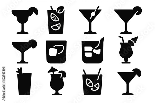 Classic Cocktail Icons. Solid style icons of Classic cocktails: margarita, mojito, martini, cosmopolitan, daiquiri, old fashioned,