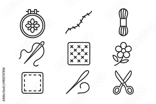 Embroidery Icon Set. Line style icons of Embroidery: Embroidery Hoop, Decorative Stitch, Thread Skein, Needle with Thread, Pattern