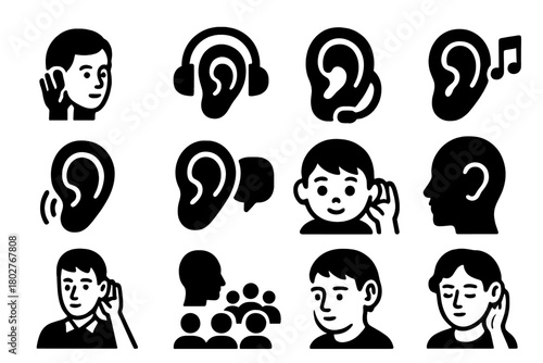 Listening Icon Collection. Solid style icons of Listening: person listening, ear with headphones, ear with headset, ear with music