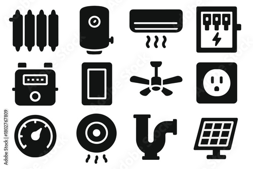Home Utility Icons. Solid style icons of home utilities: radiator, water heater, air conditioner, fuse box, gas meter, light
