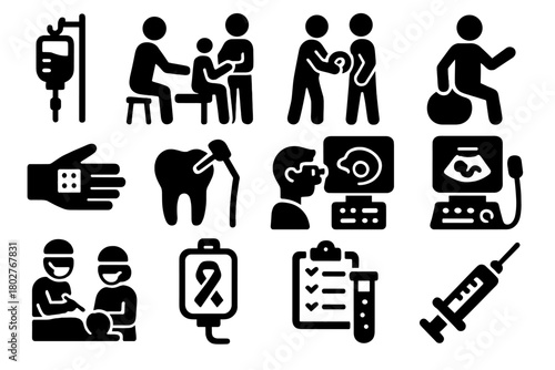 Medical Treatment Icons. Solid style icons of Treatment methods: infusion drip, physical therapy, occupational therapy, rehab