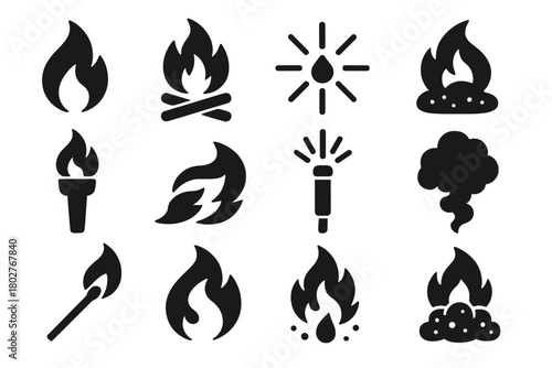 Fire Element Icons. Solid style icons of Fire elements: flame, bonfire, spark, ember, torch, fireball, flare, smoke, matchstick,