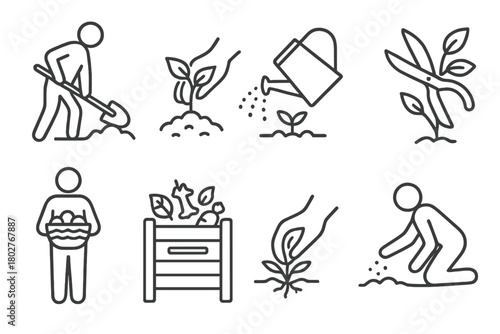 Garden Activity Icons. Line style icons of Garden activities: digging, planting, watering, pruning, harvesting, composting,