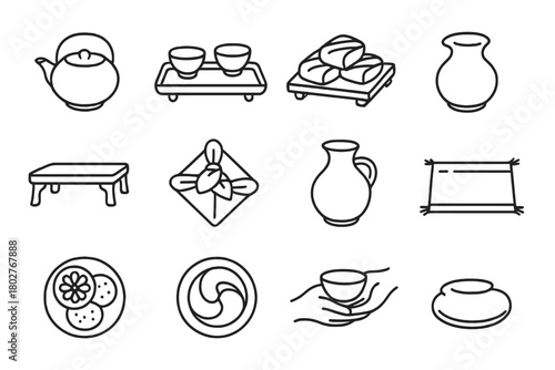 Korean Tea Ritual Icon. Line style round vector icons of Korean Tea Ritual: Ceramic Pot, Teacup Set, Wooden Tray, Tteok Sweets;
