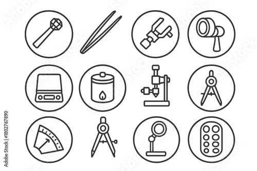 Lapidary Tools Icons. Line style icons of lapidary tools in round shape: dop stick, gem tweezers, faceting head, optical loupe;
