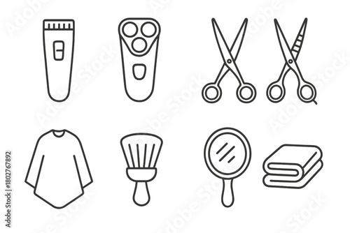 Haircut Tool Icons. Line style icons of Haircut tools: trimmer, electric razor, shears, thinning scissors, cape, neck duster,