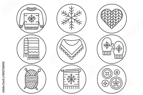 Seasonal Knitting Icons. Line style icons of seasonal knitting in round shape: holiday sweater, snowflake pattern, heart motif,