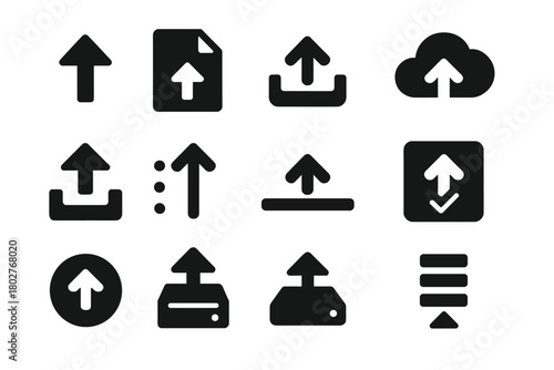 Upload Icon Set. Solid style icons of upload actions: arrow pointing up, file with up arrow, upload tray, upload to cloud, arrow