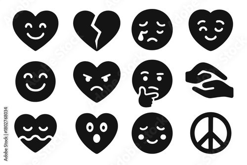 Emotional Icon Set. Solid style icons of emotional expressions: happy heart, broken heart, crying face, blushing cheeks, joyful