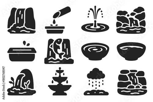 Water Feature Icons. Solid style icons of Water Features: cascading waterfall, bamboo water spout, pond fountain, trickling stream