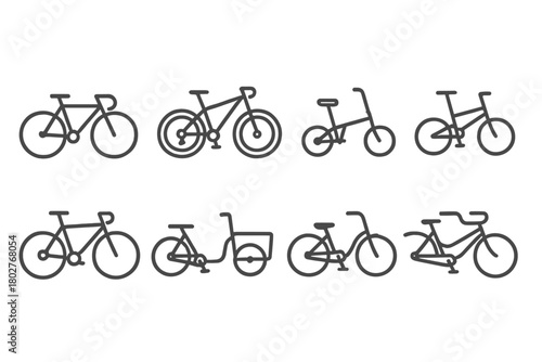 Bicycle Line Icons. Line style icons of Bicycle types: road bike, mountain bike, folding bike, BMX, gravel bike, cargo bike,