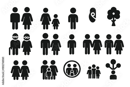 Family Icons Collection. Solid style icons of Family members: father, mother, child, baby, grandparents, brother, sister, couple,