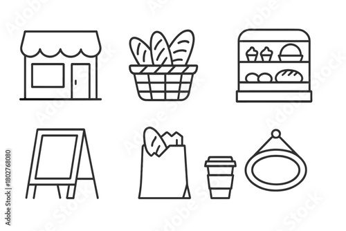 Bakery Line Icons. Line style icons of Bakery shop: storefront, bread basket, display case, cash register, chalkboard menu, paper