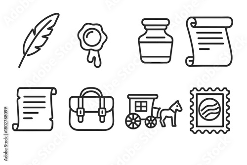 Vintage Mail Icons. Line style icons of Vintage Mail: Quill, Sealing Wax, Inkpot, Scroll, Parchment, Messenger Bag, Horse Carriage