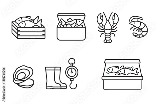 Fish Market Icons. Line style icons of Fish Market: Fish Crate, Ice Box, Lobster, Shrimp, Oyster, Fisherman Boots, Weighing Hook,