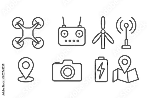 Drone Technology Icons. Line style icons of Drone Technology: Quadcopter, Controller, Propeller, Antenna, GPS, Camera, Battery,