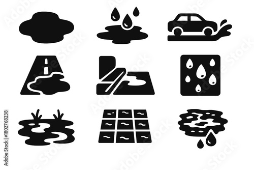Wet Surface Icons. Solid style icons of wet surfaces and puddles: puddle icon, splash zone icon, car driving through puddle, water