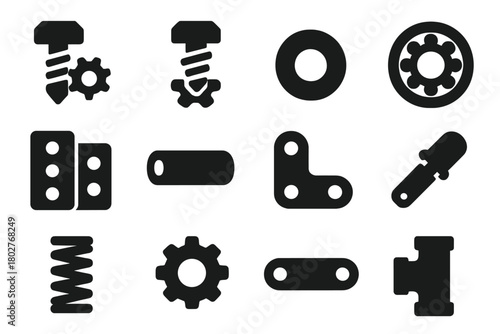 Mechanical Parts Icons. Solid style icons of Parts: nut and bolt, screw with gear, washer, bearing, hinge, rod part, joint piece,