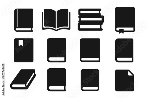 Solid Book Icons. Solid style icons of Books: closed book, open book, stack of books, bookmarked book, pocket book, hardcover,