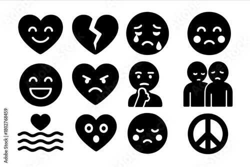 Emotional Icon Set. Solid style icons of emotional expressions: happy heart, broken heart, crying face, blushing cheeks, joyful