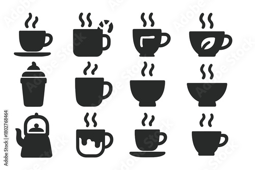 Hot Drink Icons. Solid style icons of Hot drinks: steaming cup, hot chocolate mug, mulled wine glass, herbal tea steam, spiced