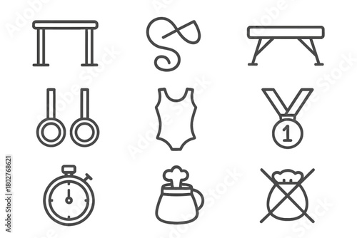 Gymnastics Line Icons. Line style icons of Gymnastics: Parallel Bars, Ribbon, Balance Beam, Rings, Leotard, Medal, Stopwatch,