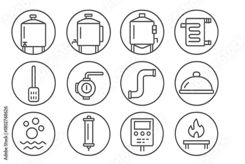 Brewing Equipment Icons. Line style icons of brewing equipment in round shape: mash tun, hot liquor tank, brew kettle, heat