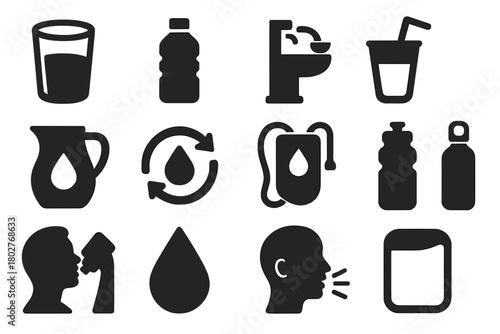 Hydration Icon Set. Solid style icons of Drinking and hydration: glass of water, water bottle, drinking fountain, straw in cup,