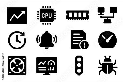 System Monitoring Icons. Solid style icons of system monitoring: performance chart, CPU usage, RAM bar, network activity, uptime
