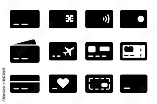 Solid Credit Card Icons. Solid style icons of Credit cards: debit card, chip card, contactless card, prepaid card, dual card,